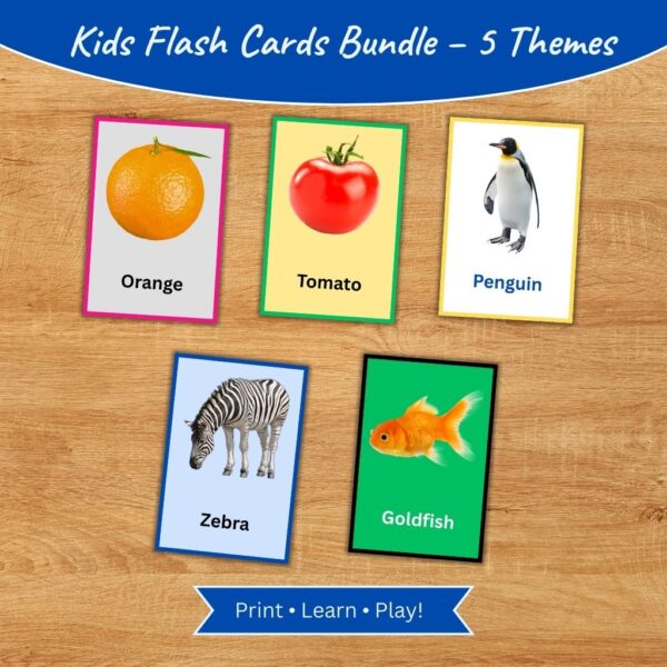 Printable kids flash cards bundle fruits, vegetables, animals, birds, fishes